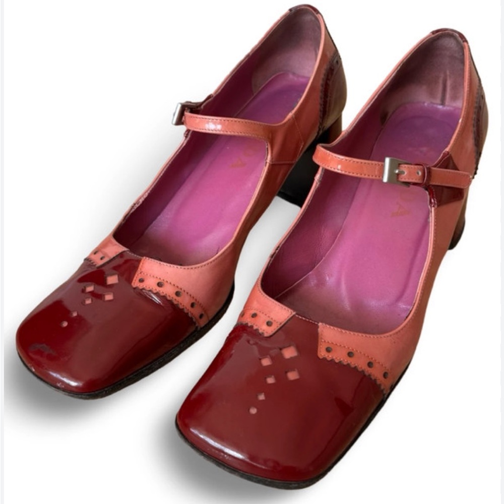 vintage Prada pink and burgundy patent leather Mary Jane pumps